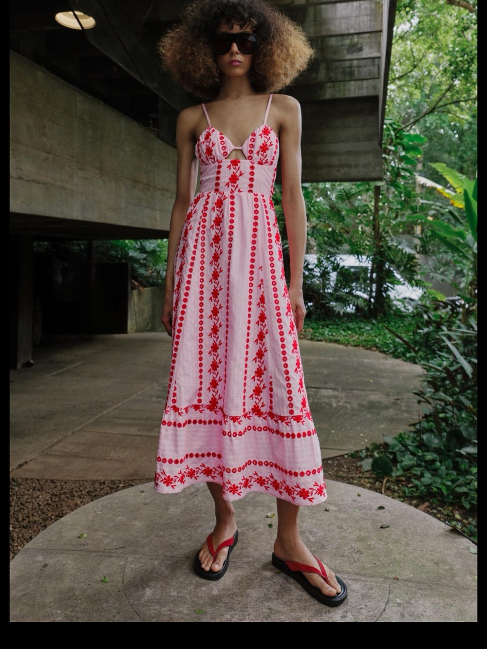 Zara Pink Midi Dress with Red Floral Embroidery